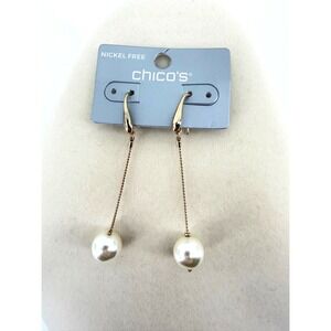 Chicos Gold Tone White Faux Pearl Chain Linear Drop Earrings Nickel Free NEW